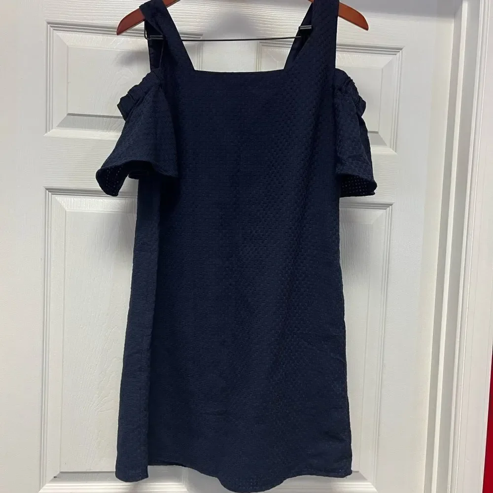 J. Crew Navy Blue Basketweave Cold Shoulder Dress sz M NWT